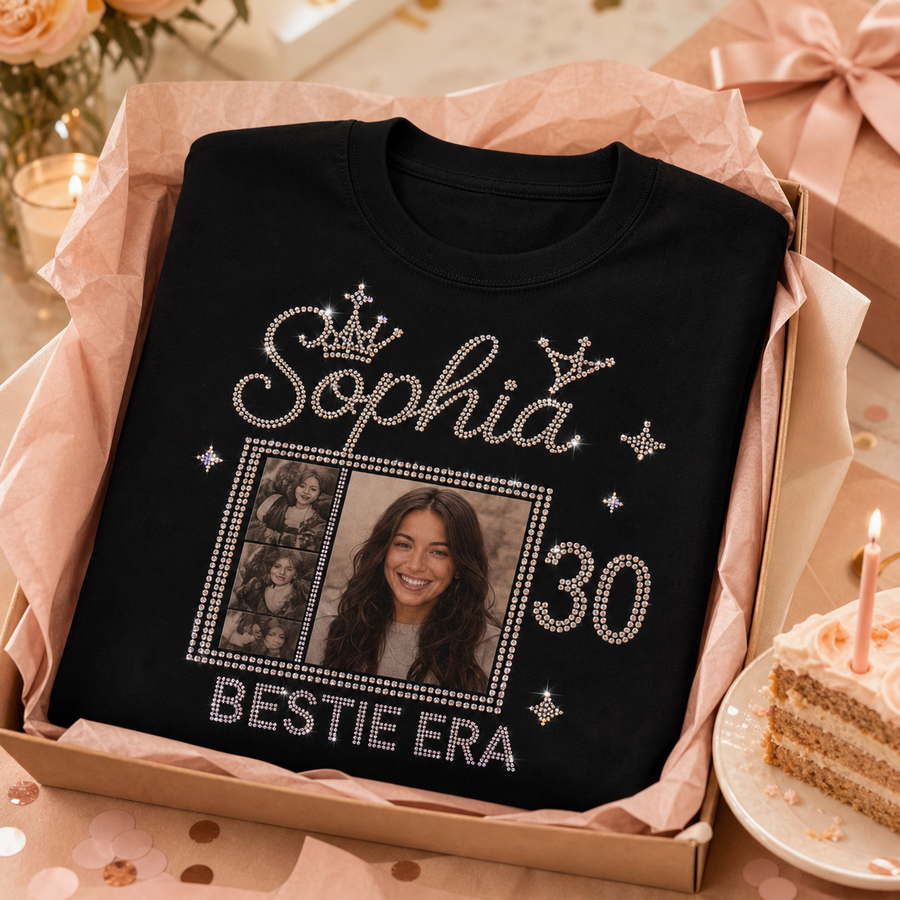 Custom Bestie Birthday photo bling unisex tee with Sophia name age 30 and photo collage