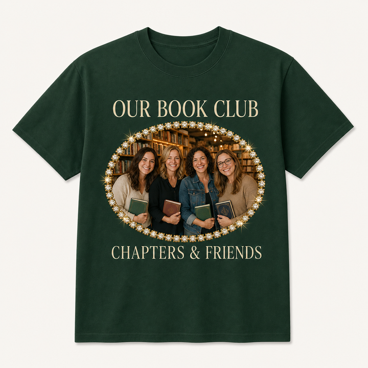 Custom book club photo bling unisex tee with group photo and gold rhinestone-style oval frame