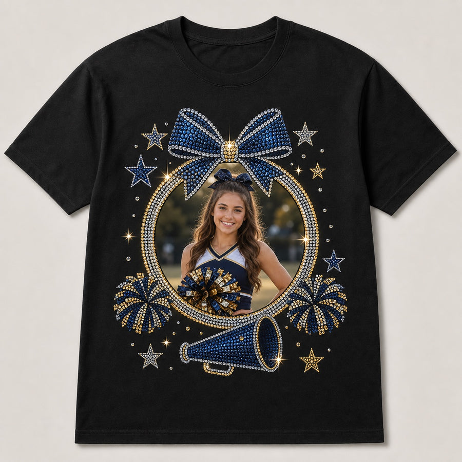 Custom cheer senior night photo bling unisex tee with matching navy and gold athlete keepsake design