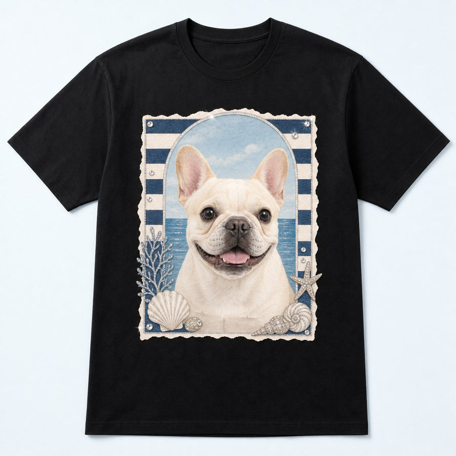 Front view of custom coastal postcard pet portrait bling unisex tee