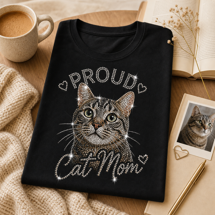 Custom Cozy Cat Mom photo bling unisex tee with uploaded cat portrait and heart accents