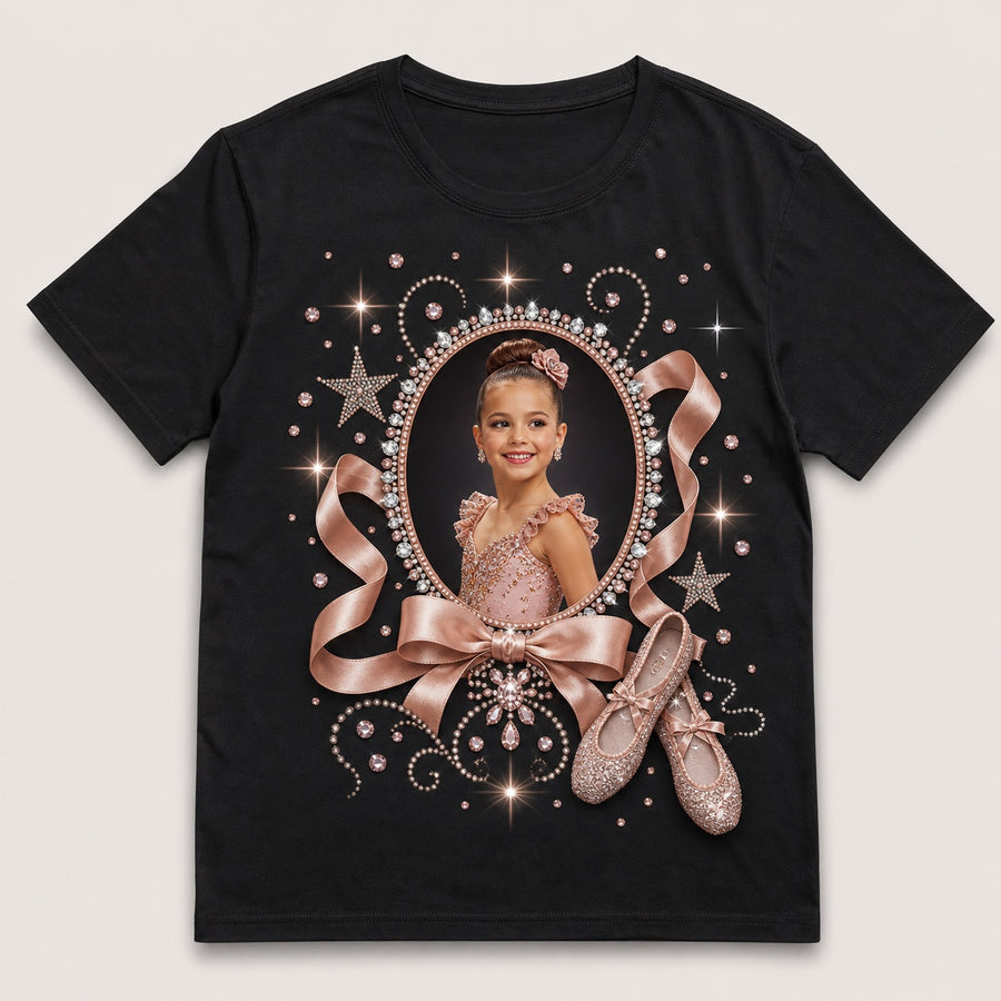 Custom dance recital photo bling unisex tee with matching blush and rose-gold recital keepsake design