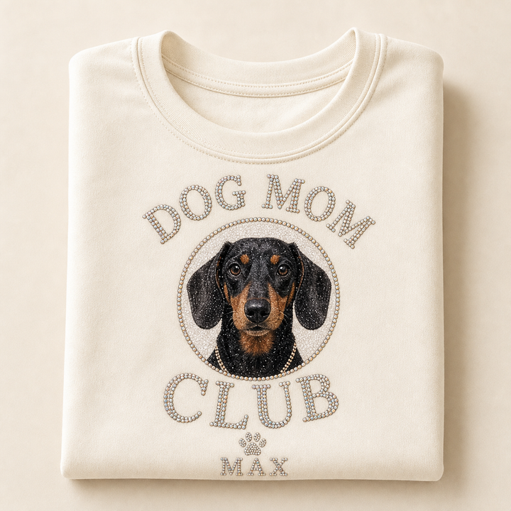 Custom Dog Mom Club photo bling unisex tee with uploaded dachshund photo and pet name