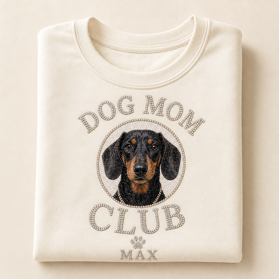 Custom Dog Mom Club photo bling unisex tee with uploaded dachshund photo and pet name