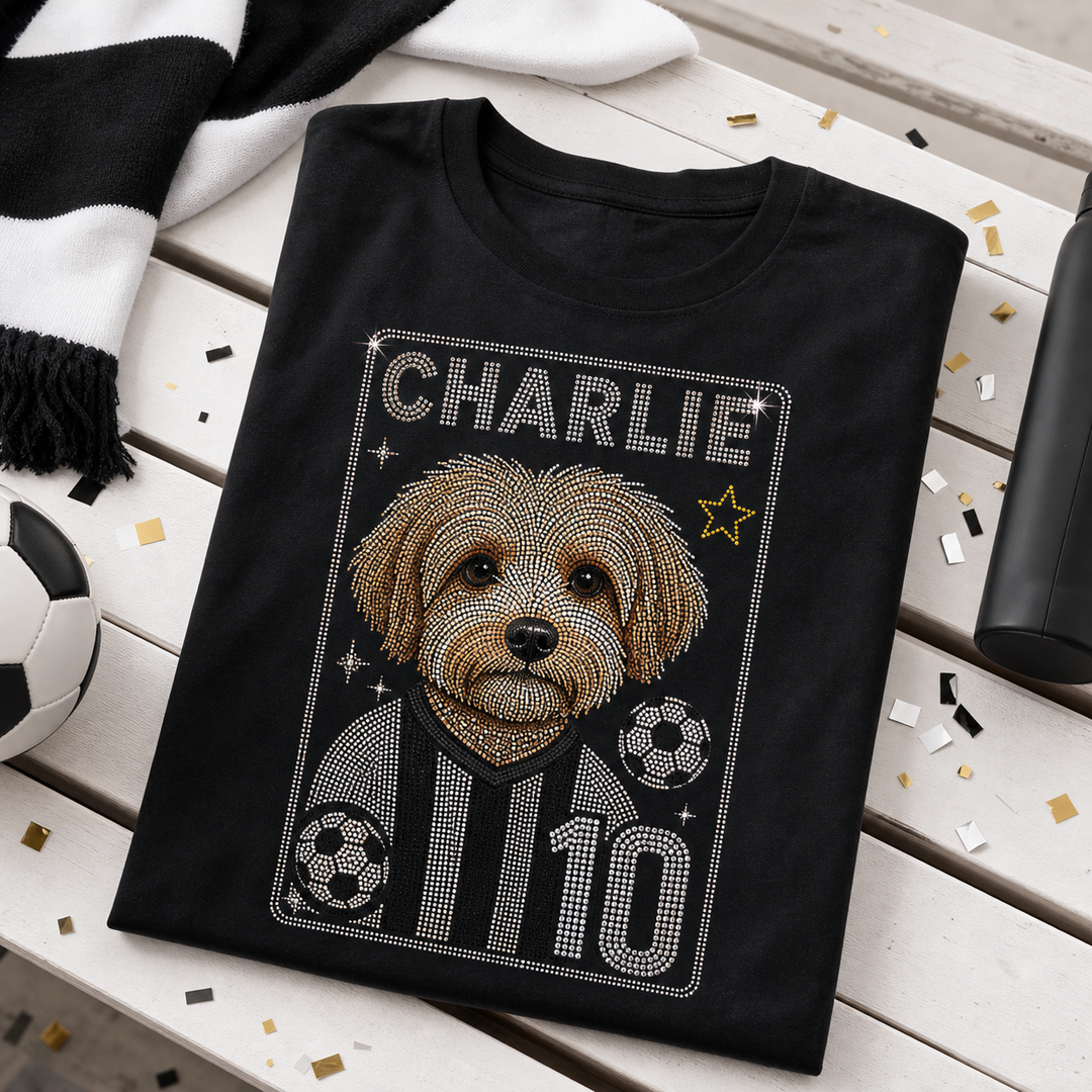 Custom Game Day Pet Fan photo bling unisex tee with dog portrait name Charlie and number 10