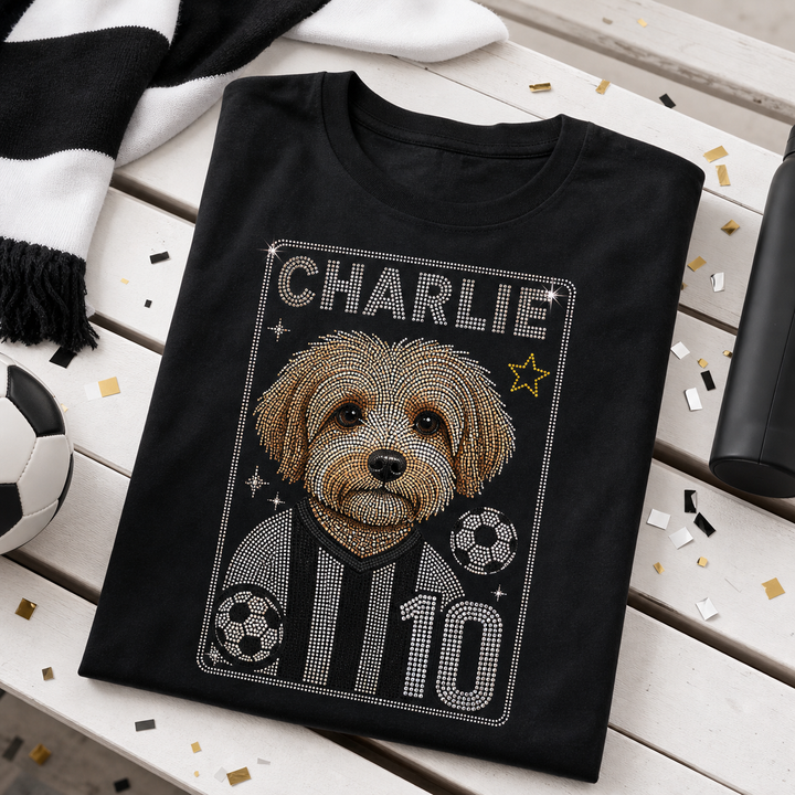 Custom Game Day Pet Fan photo bling unisex tee with dog portrait name Charlie and number 10
