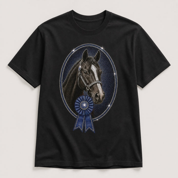 Custom horse show ribbon photo bling unisex tee with horse portrait and royal-blue ribbon