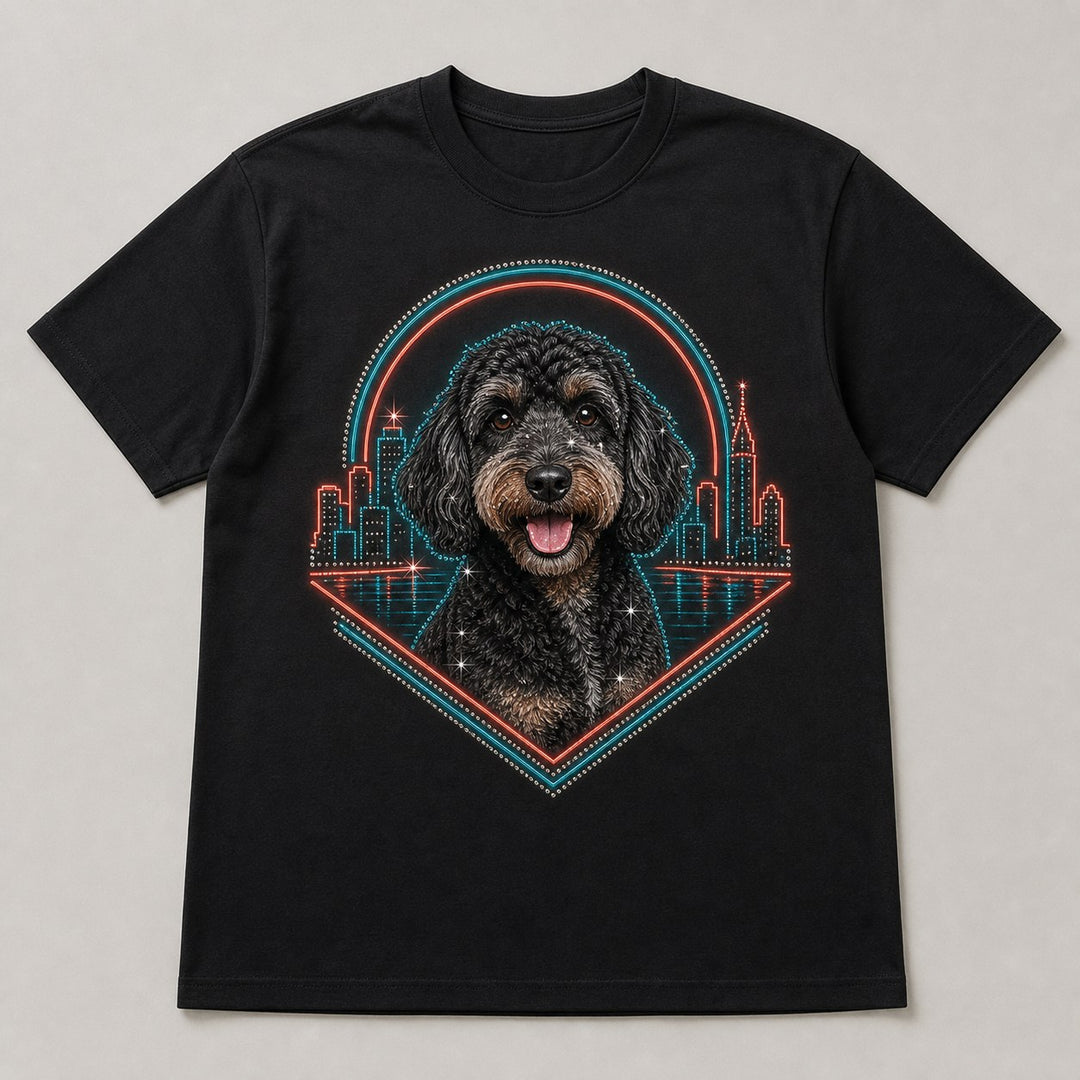 Front view of custom neon city pet portrait bling unisex tee