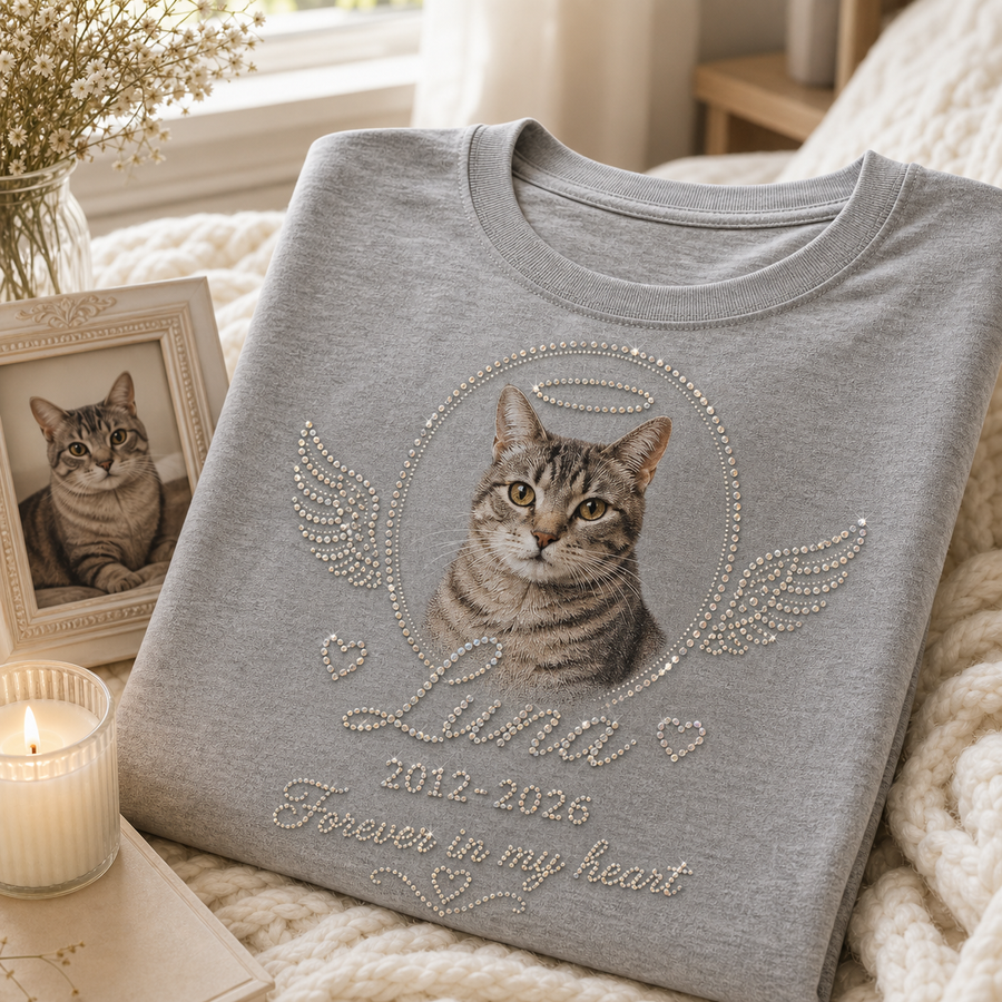 Custom pet memorial photo bling unisex tee with cat portrait, name Luna, dates, halo, and wings