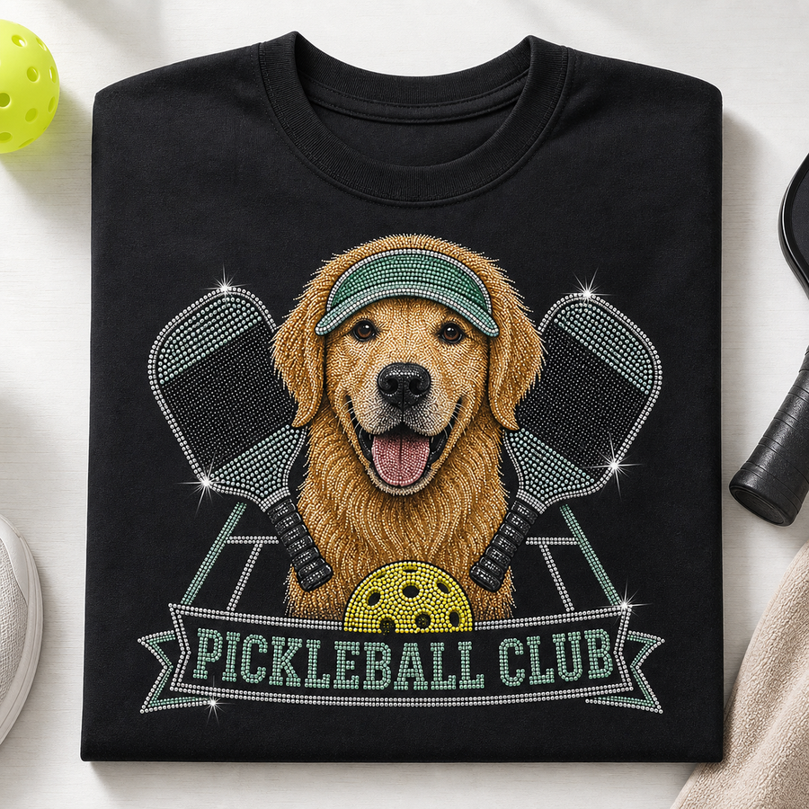 Custom Pickleball Club Pet photo bling unisex tee with uploaded dog portrait and pickleball paddles