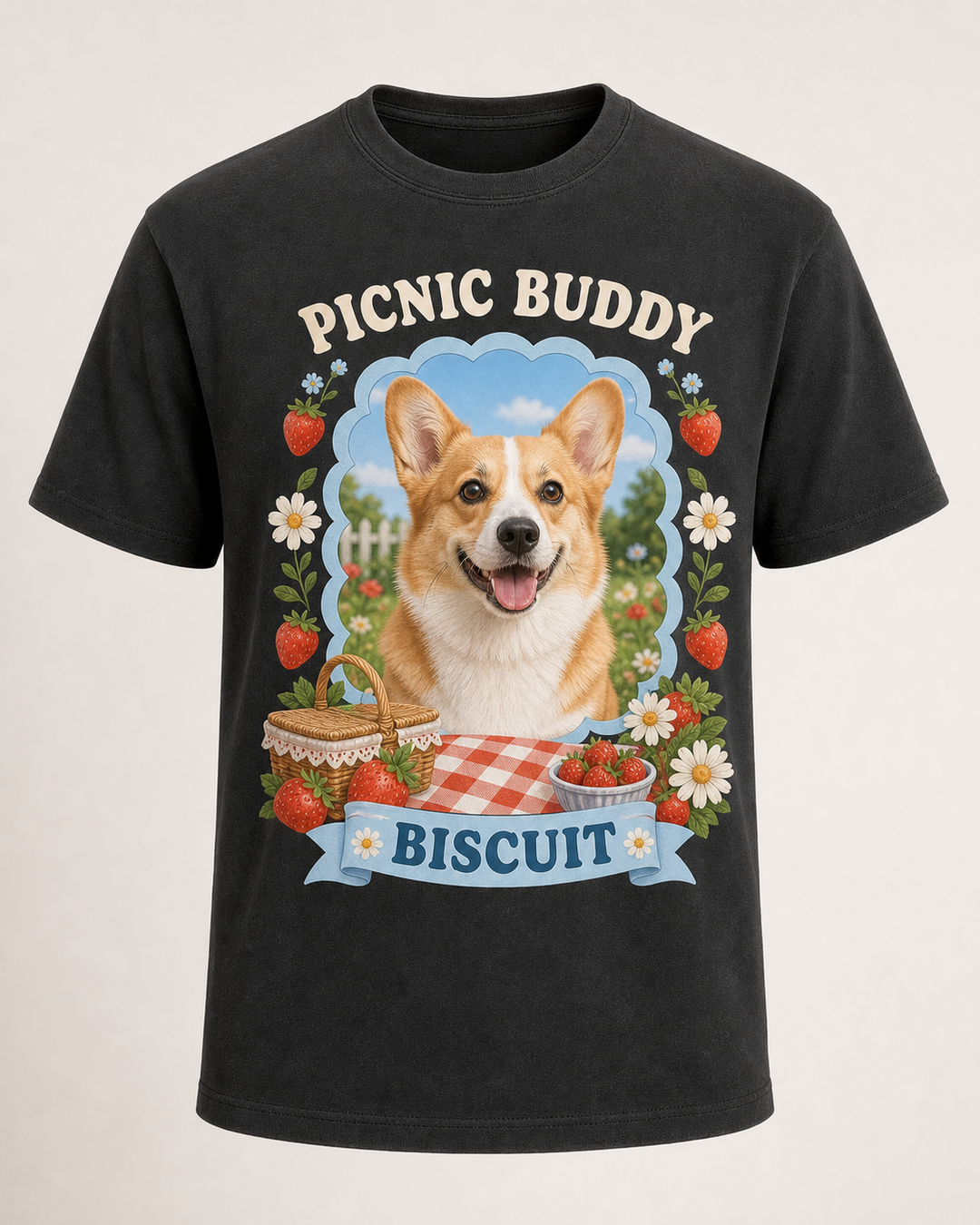 Custom Pet Picnic Buddy Photo Unisex Tee - Personalized Dog & Cat Gift