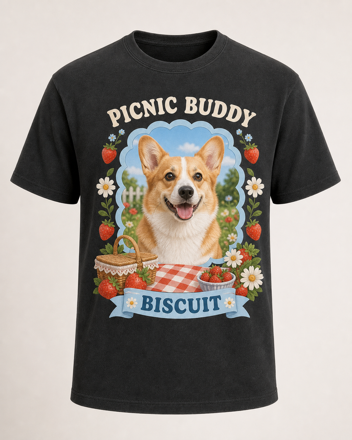 Custom Pet Picnic Buddy Photo Unisex Tee - Personalized Dog & Cat Gift