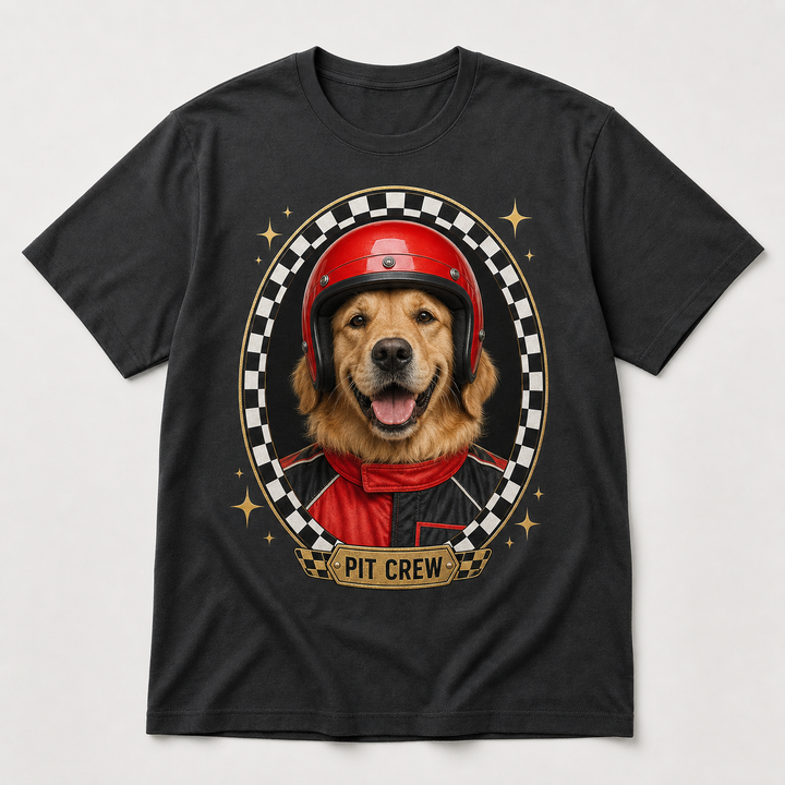 Custom Pit Crew Pet photo bling unisex tee with personalized dog portrait, racing helmet, and checkered frame