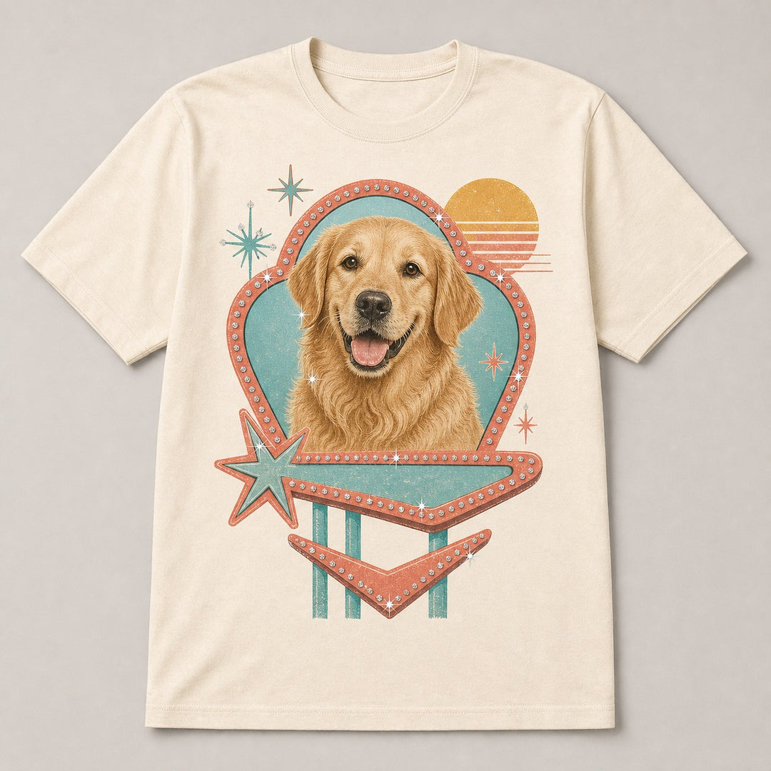 Front view of custom retro motel pet portrait bling unisex tee