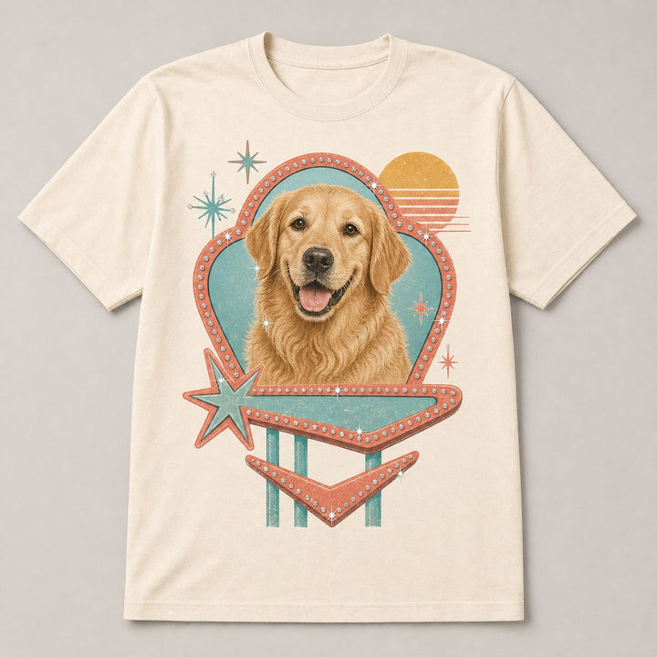 Front view of custom retro motel pet portrait bling unisex tee