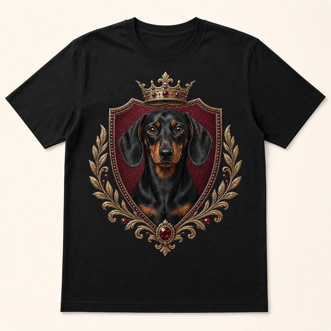 Front view of custom royal crest pet portrait bling unisex tee