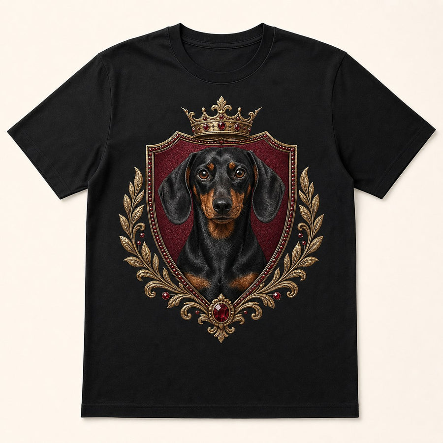 Front view of custom royal crest pet portrait bling unisex tee