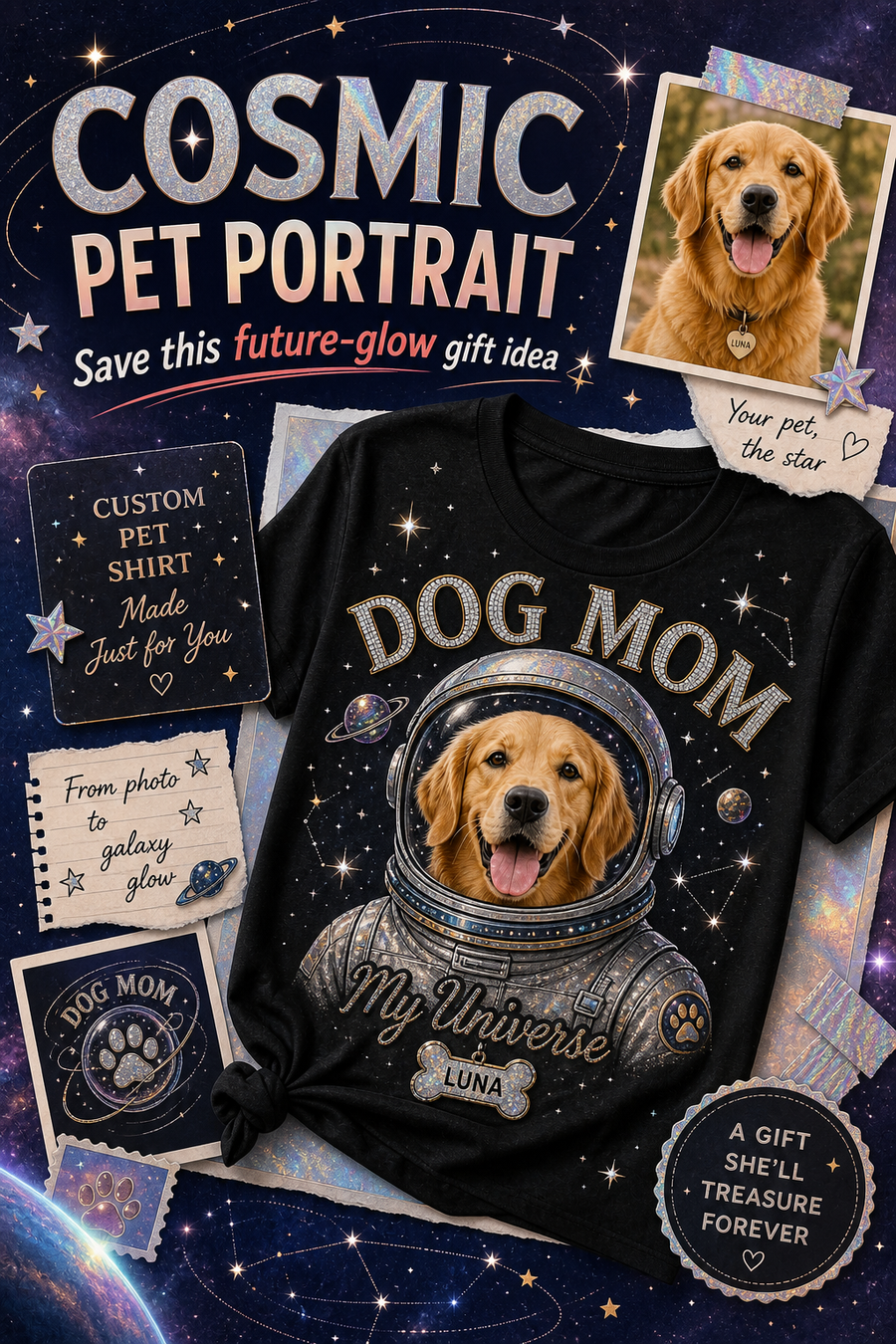 Custom intergalactic pet orbit bling unisex tee with personalized pet photo