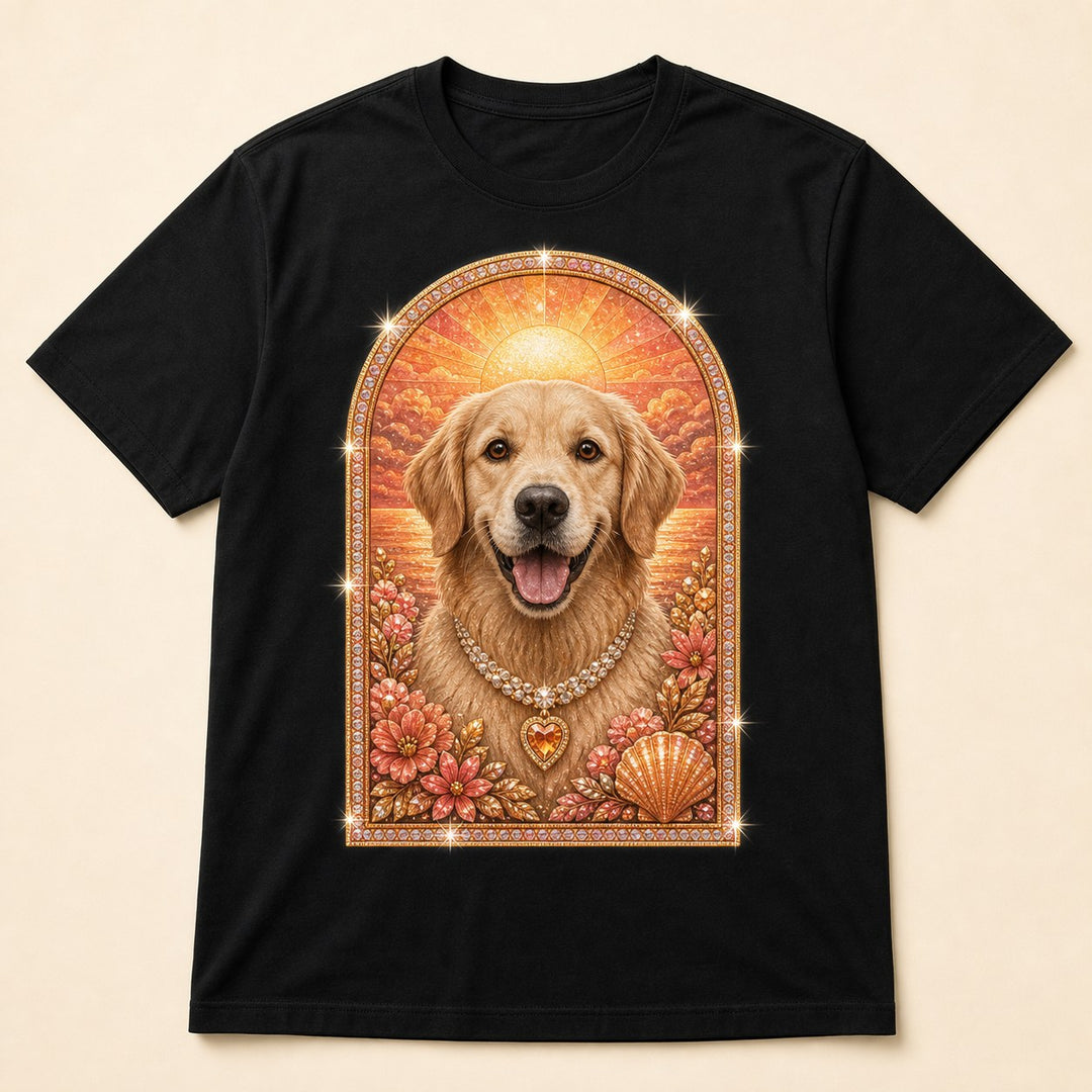 Front view of custom sunset halo pet portrait bling unisex tee