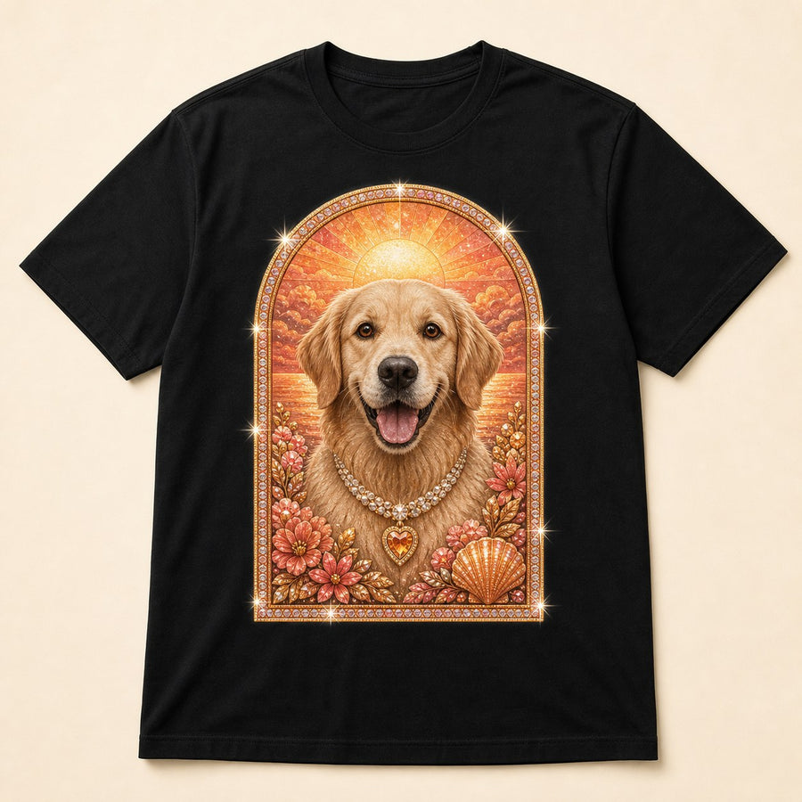 Front view of custom sunset halo pet portrait bling unisex tee