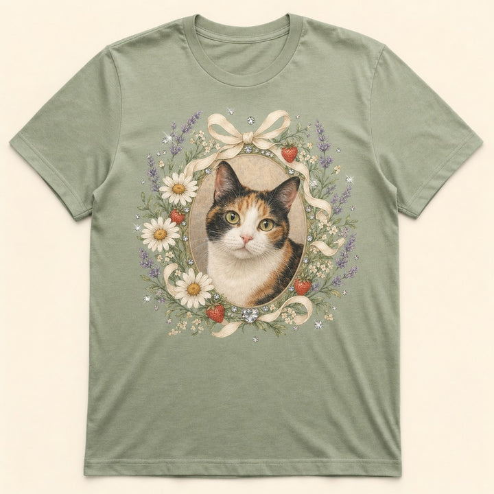 Front view of custom wildflower cottage pet portrait bling unisex tee