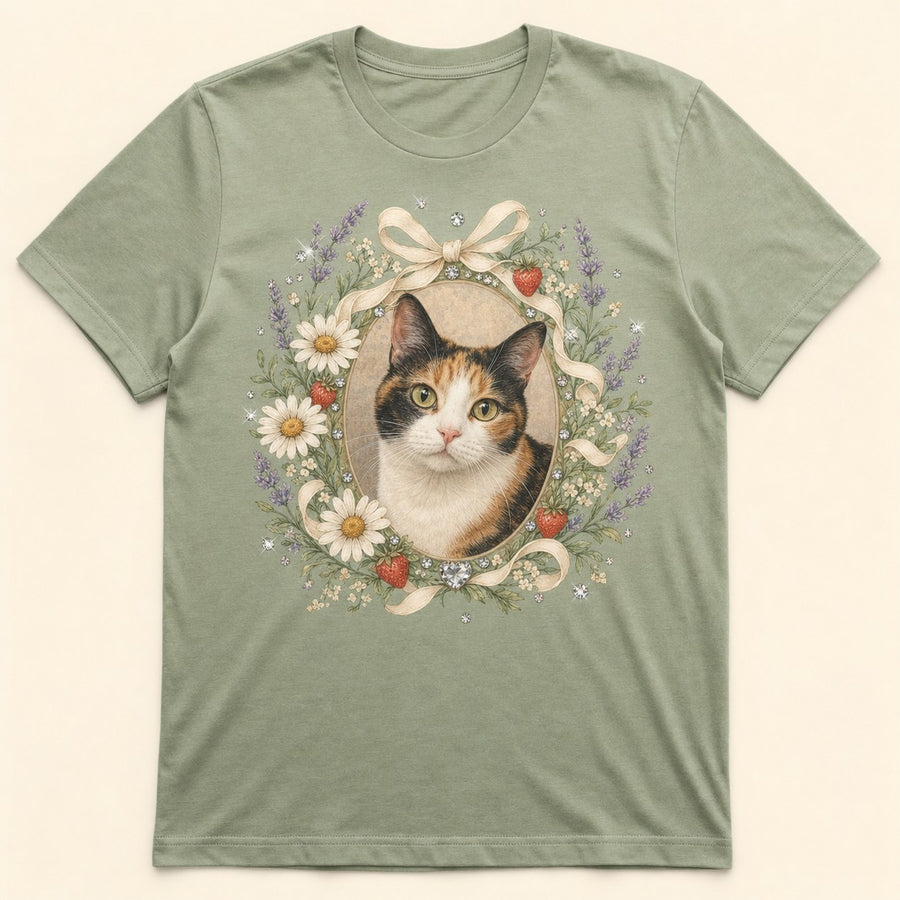 Front view of custom wildflower cottage pet portrait bling unisex tee