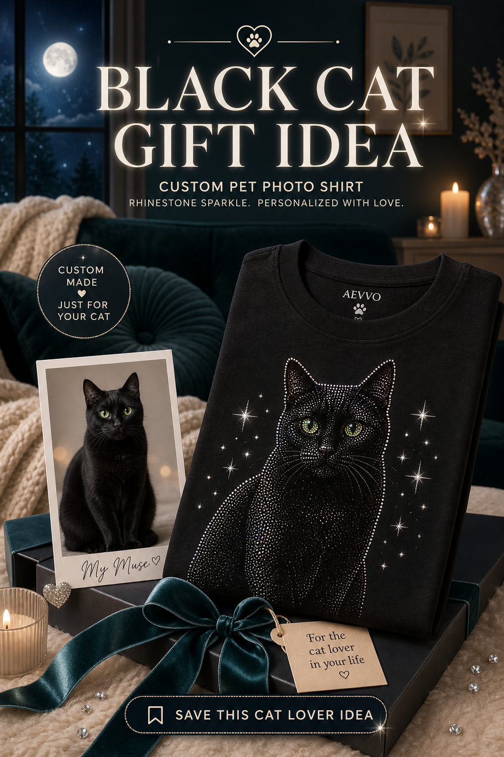 Black cat lover gift shirt scene with custom pet photo