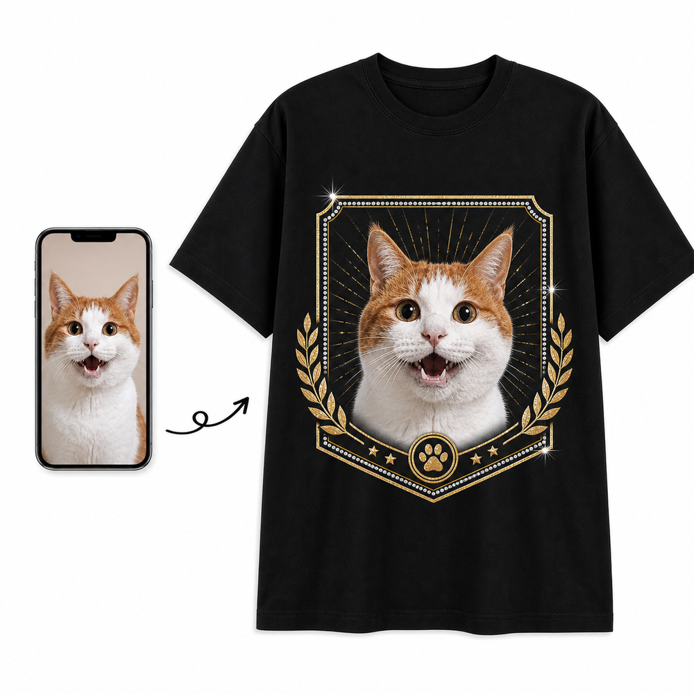 Before and after pet photo to custom championship-inspired bling tee design
