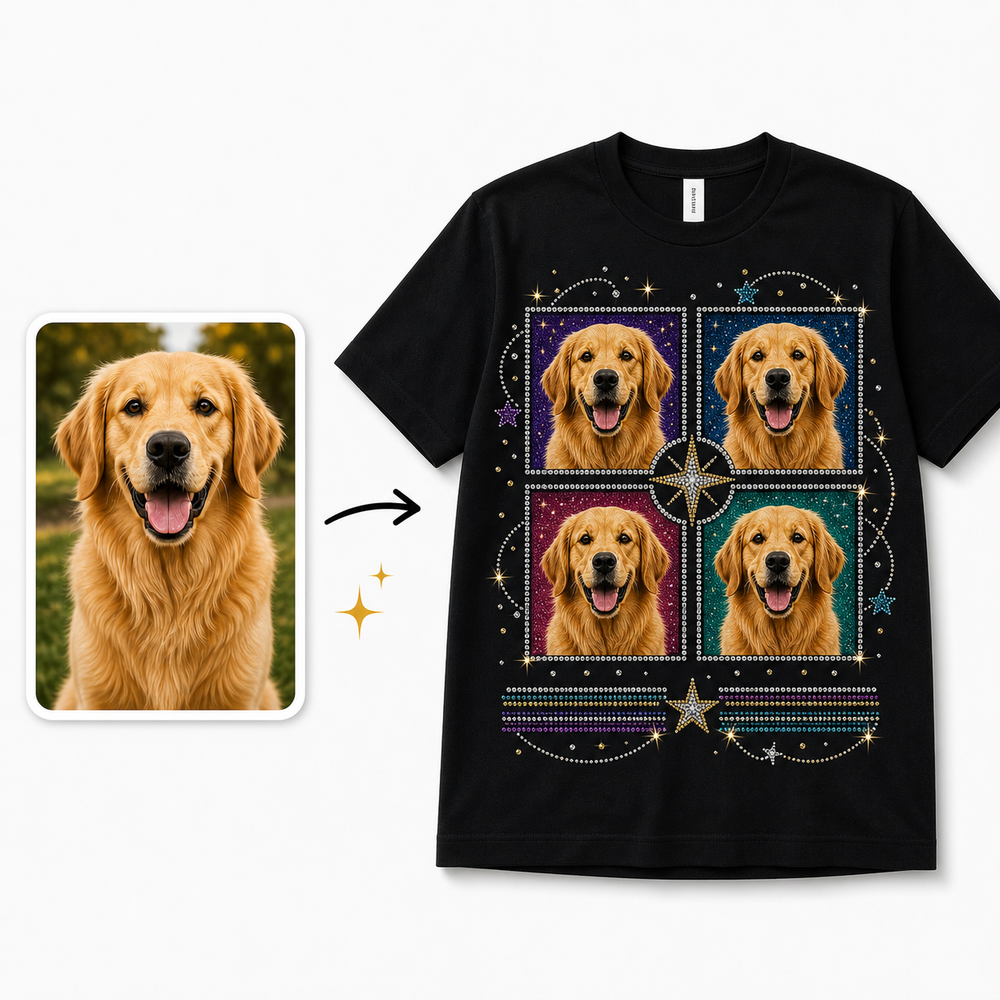 Before and after pet photo to custom cosmic bling tee design