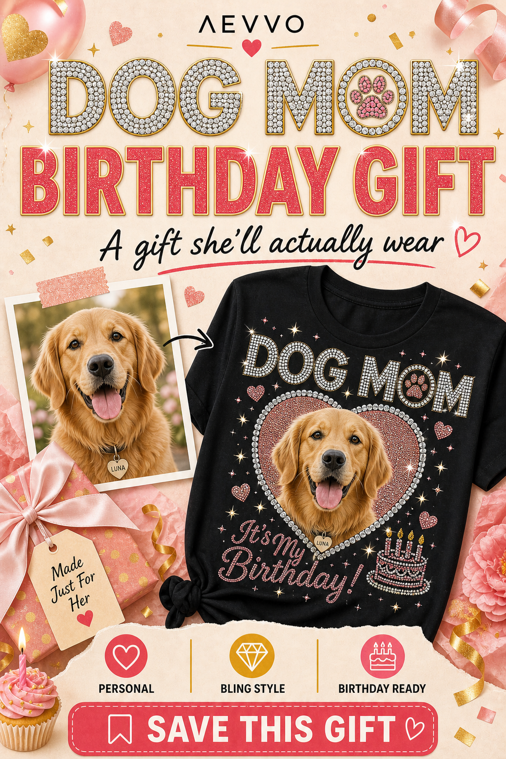 Dog mom birthday gift shirt scene with custom pet photo