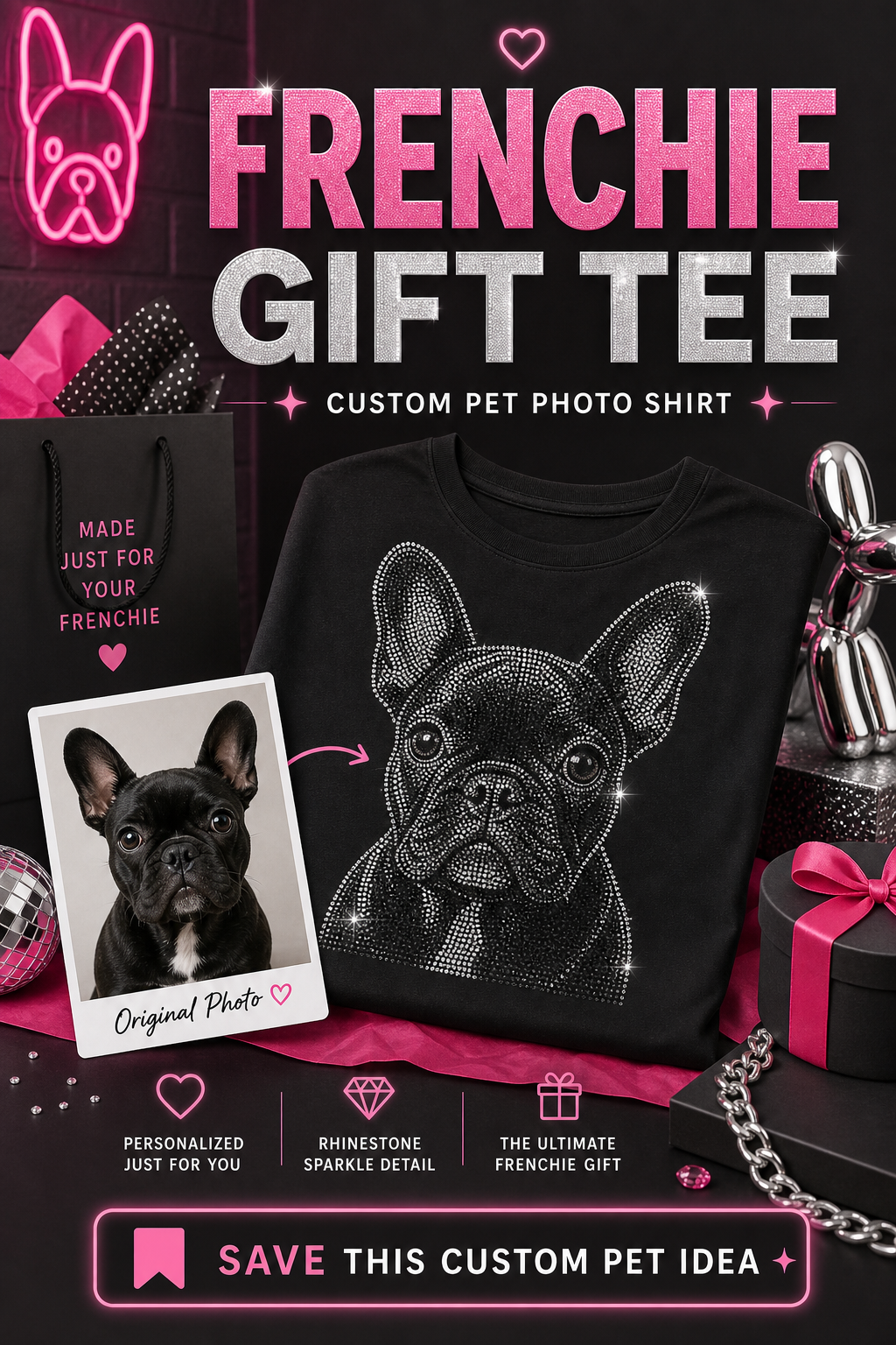 Frenchie gift shirt scene with custom pet photo and pink black styling