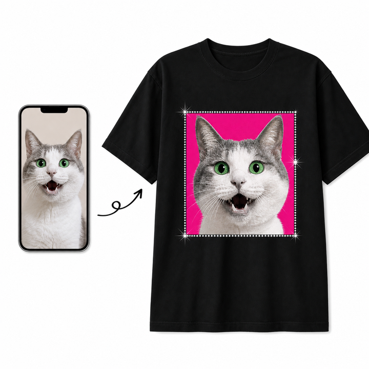 Before and after pet photo to custom bling tee design