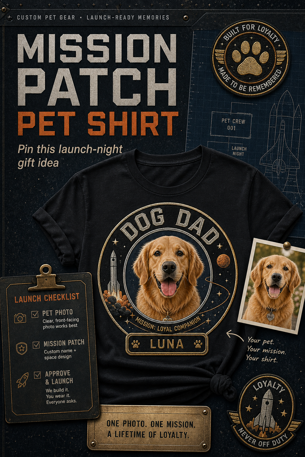 Rocket mission pet gift shirt scene with custom portrait and launch-night styling