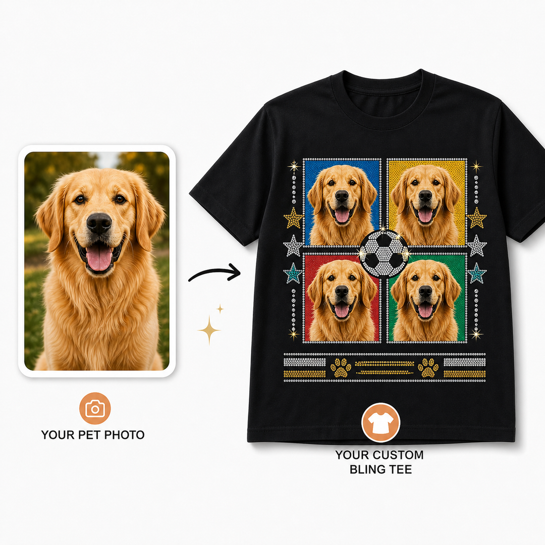 Before and after pet photo to custom soccer-inspired bling tee design