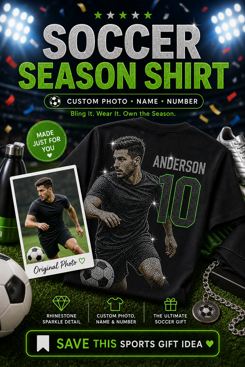 Soccer season fan shirt scene with custom pet portrait and sporty styling