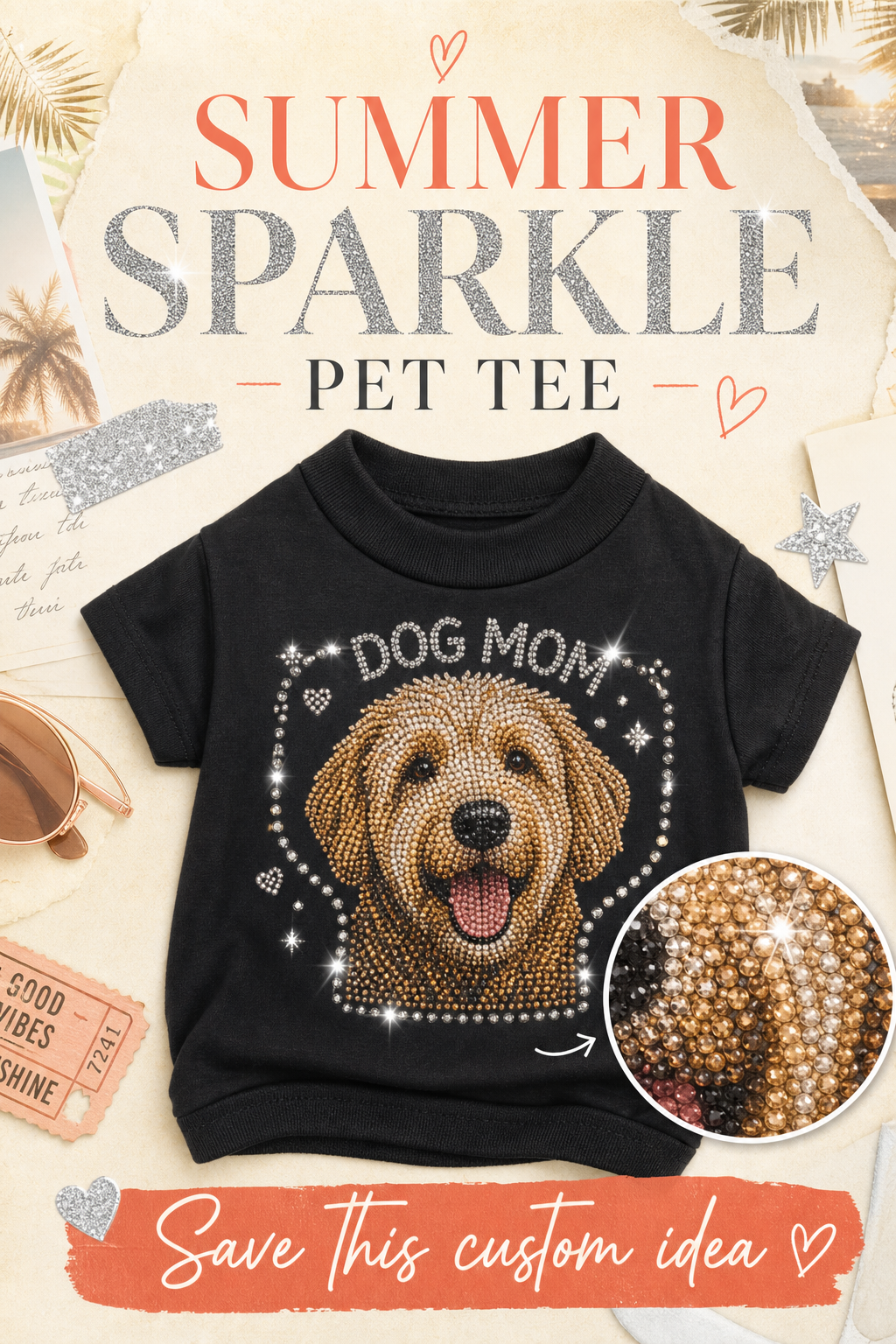 Summer sparkle pet gift shirt scene with custom photo and sunny styling