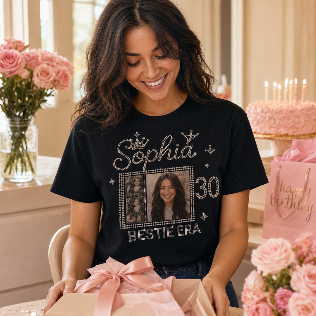 Woman wearing custom Bestie Birthday photo tee at birthday gift opening