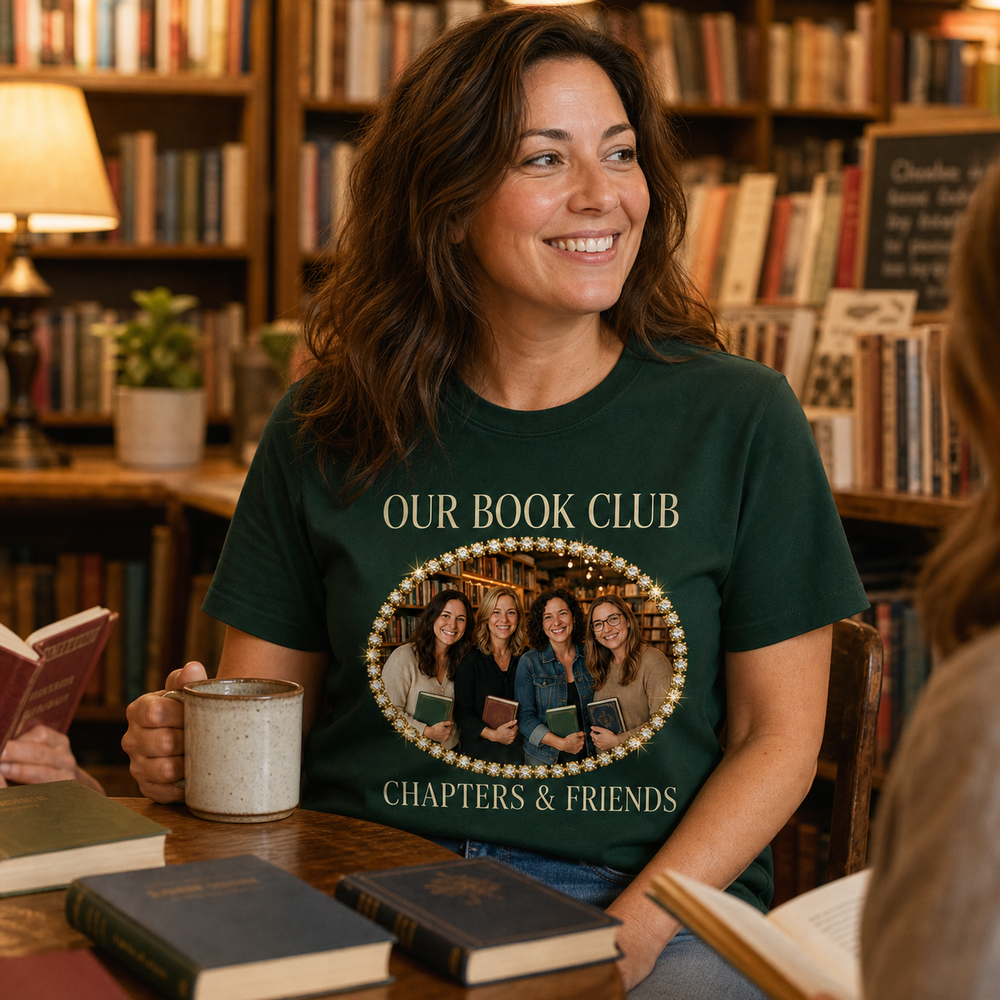 Book club photo bling tee worn in a bookstore with matching group photo design