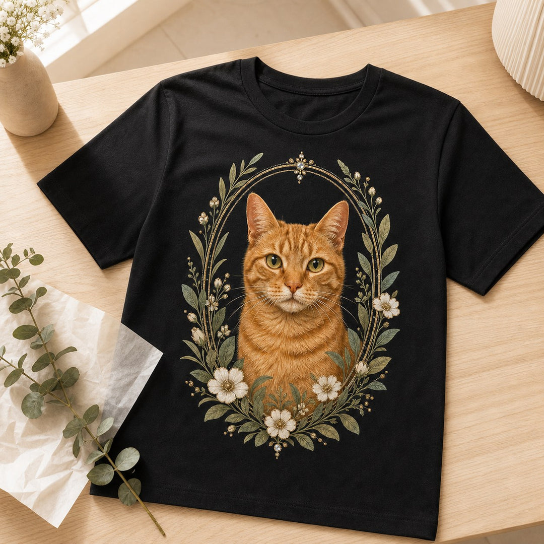 Lifestyle view of custom botanical garden pet portrait bling unisex tee