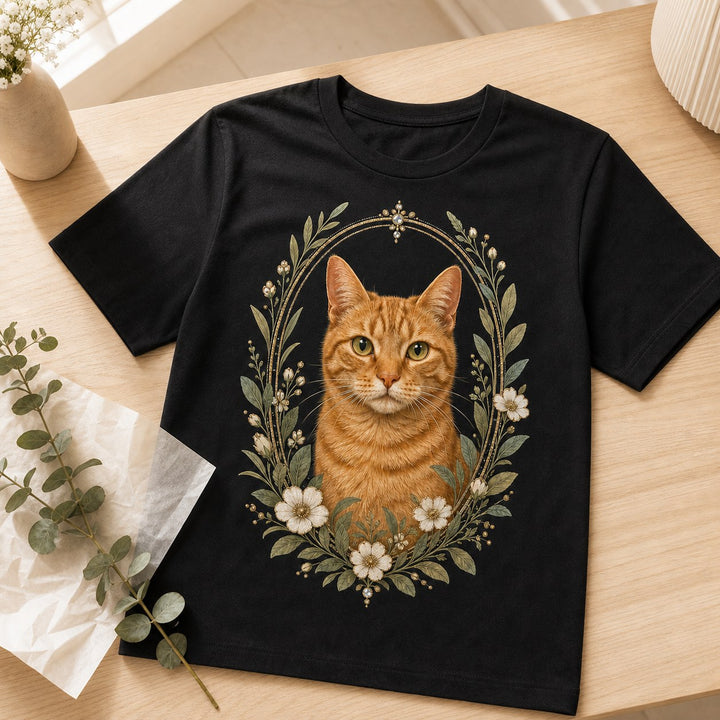 Lifestyle view of custom botanical garden pet portrait bling unisex tee