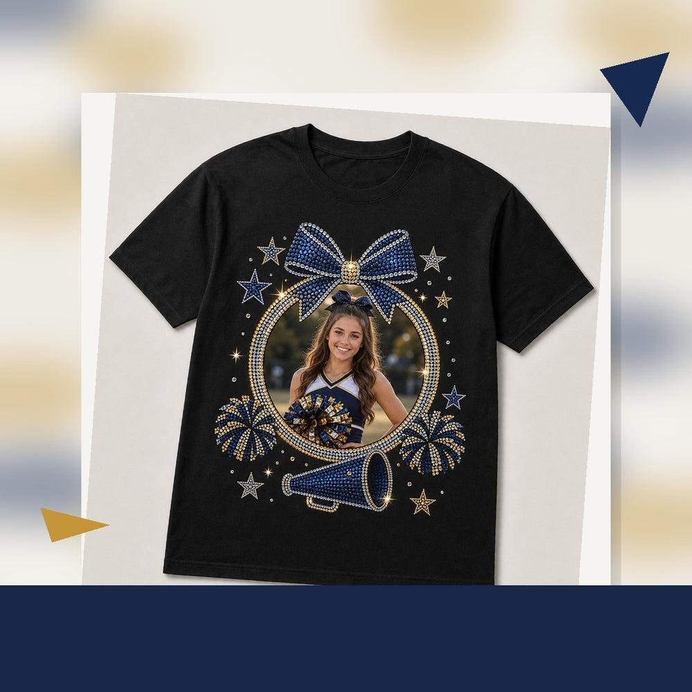Custom cheer senior night bling tee lifestyle image using the same navy and gold photo design