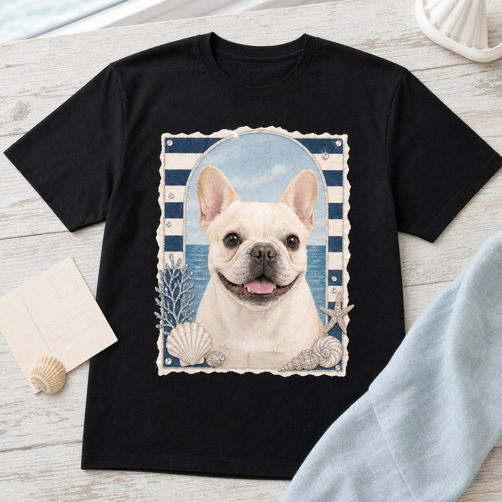 Lifestyle view of custom coastal postcard pet portrait bling unisex tee