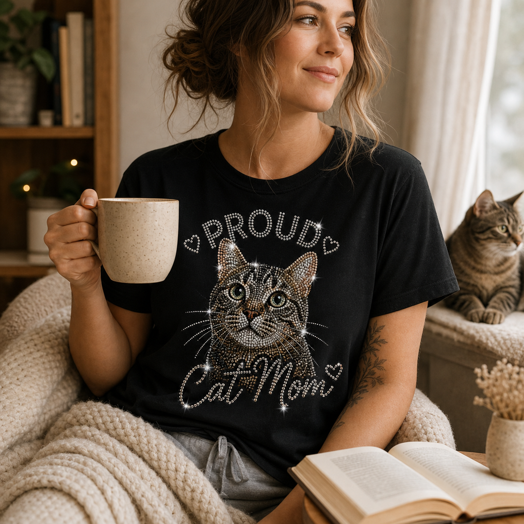 Cat mom wearing custom Cozy Cat Mom photo tee in a cozy home setting