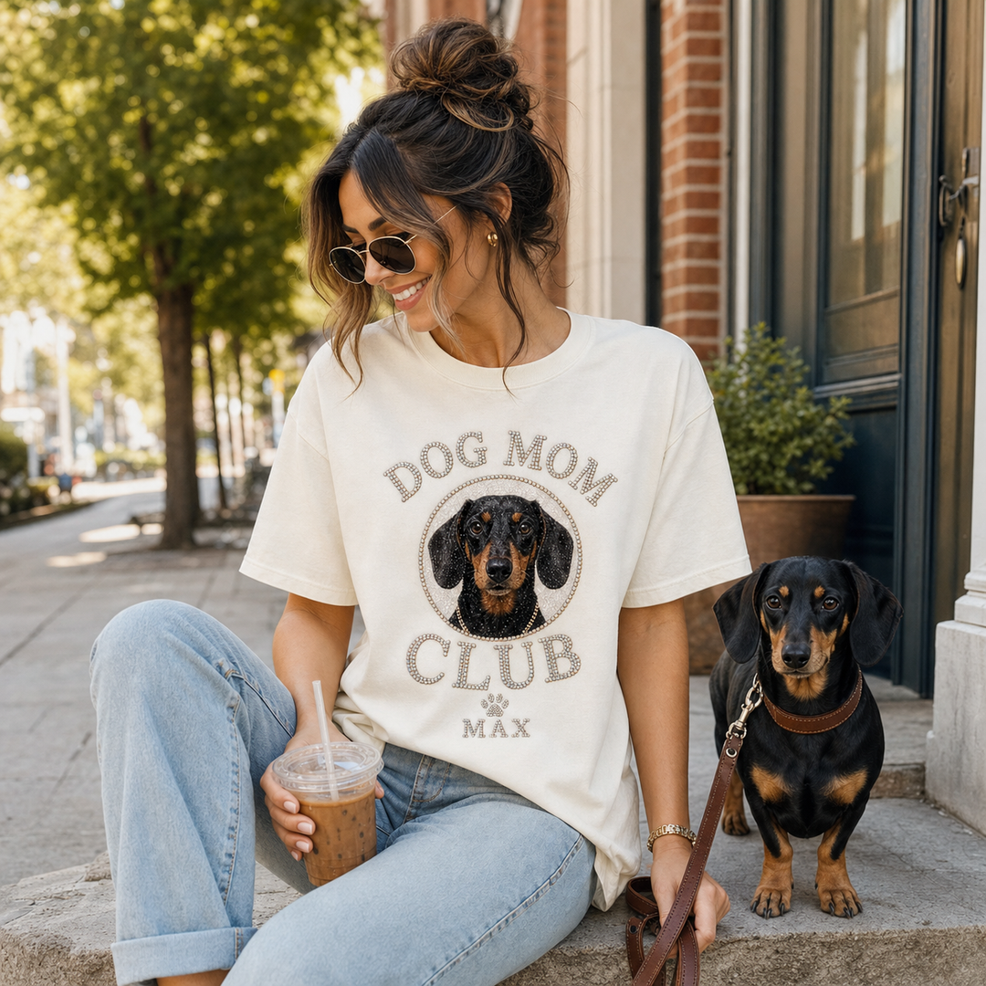 Dog mom wearing custom Dog Mom Club photo tee with dachshund portrait design