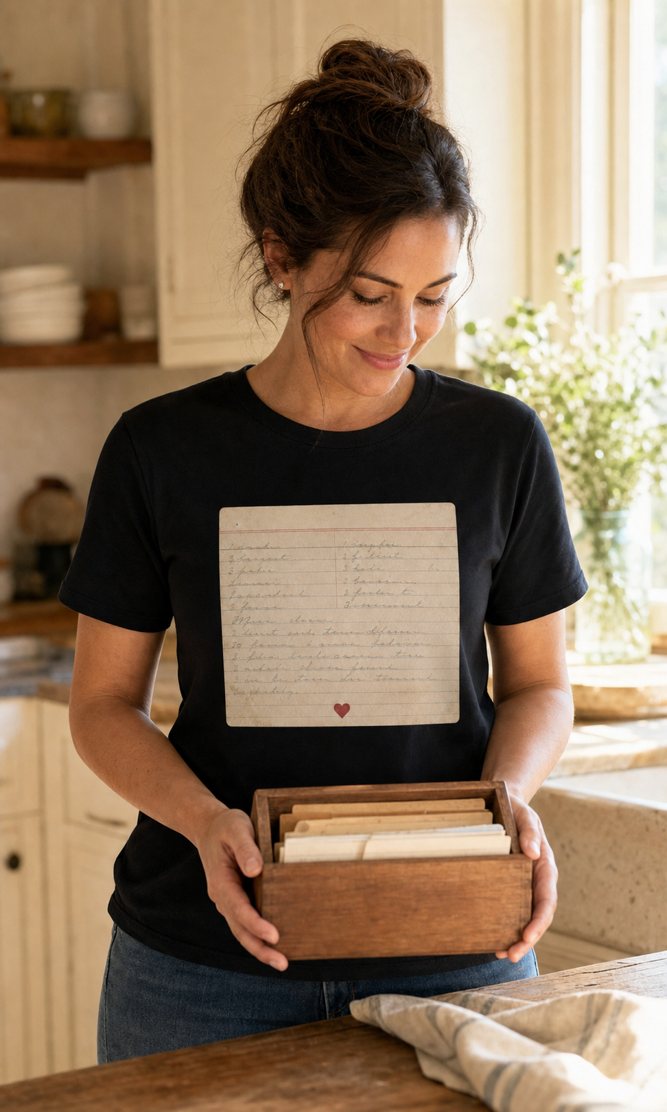 Custom family recipe keepsake tee worn in a kitchen with handwritten recipe memory theme