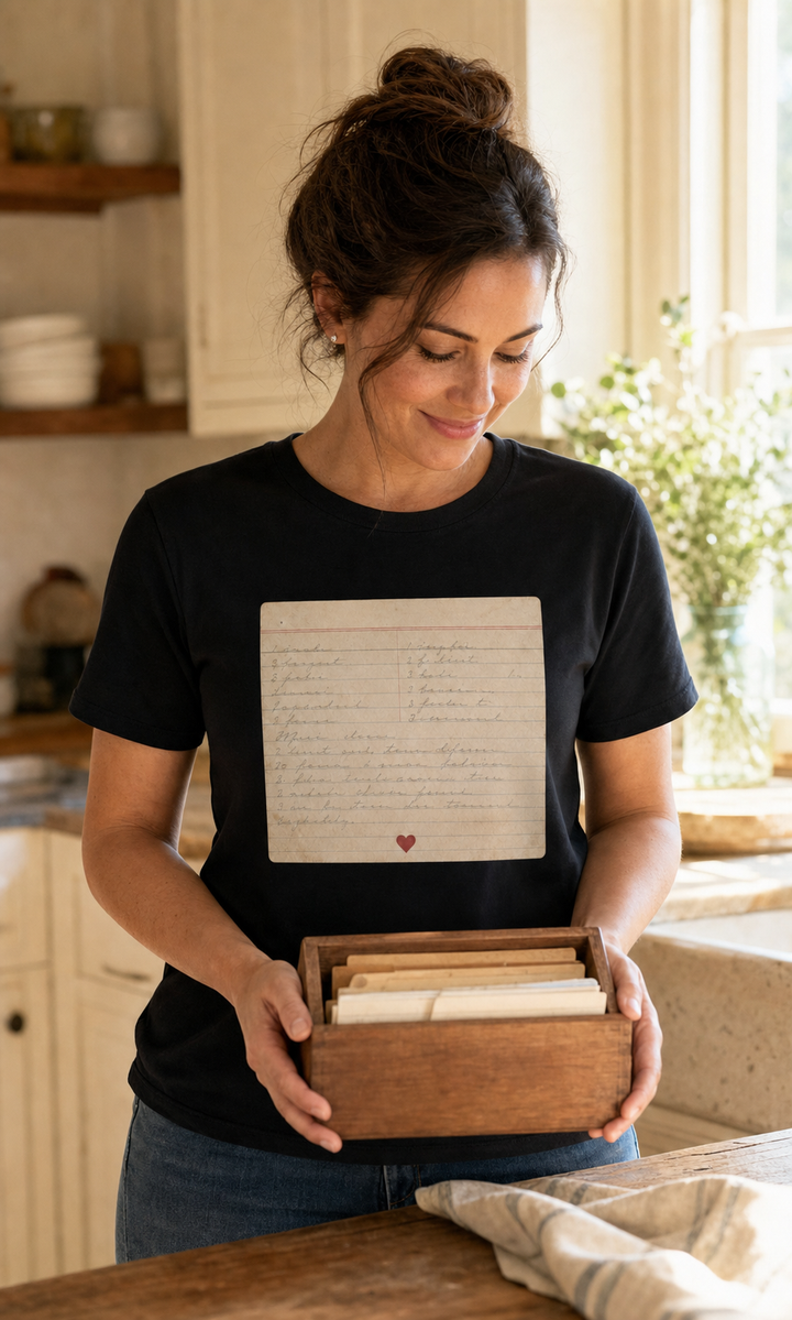 Custom family recipe keepsake tee worn in a kitchen with handwritten recipe memory theme