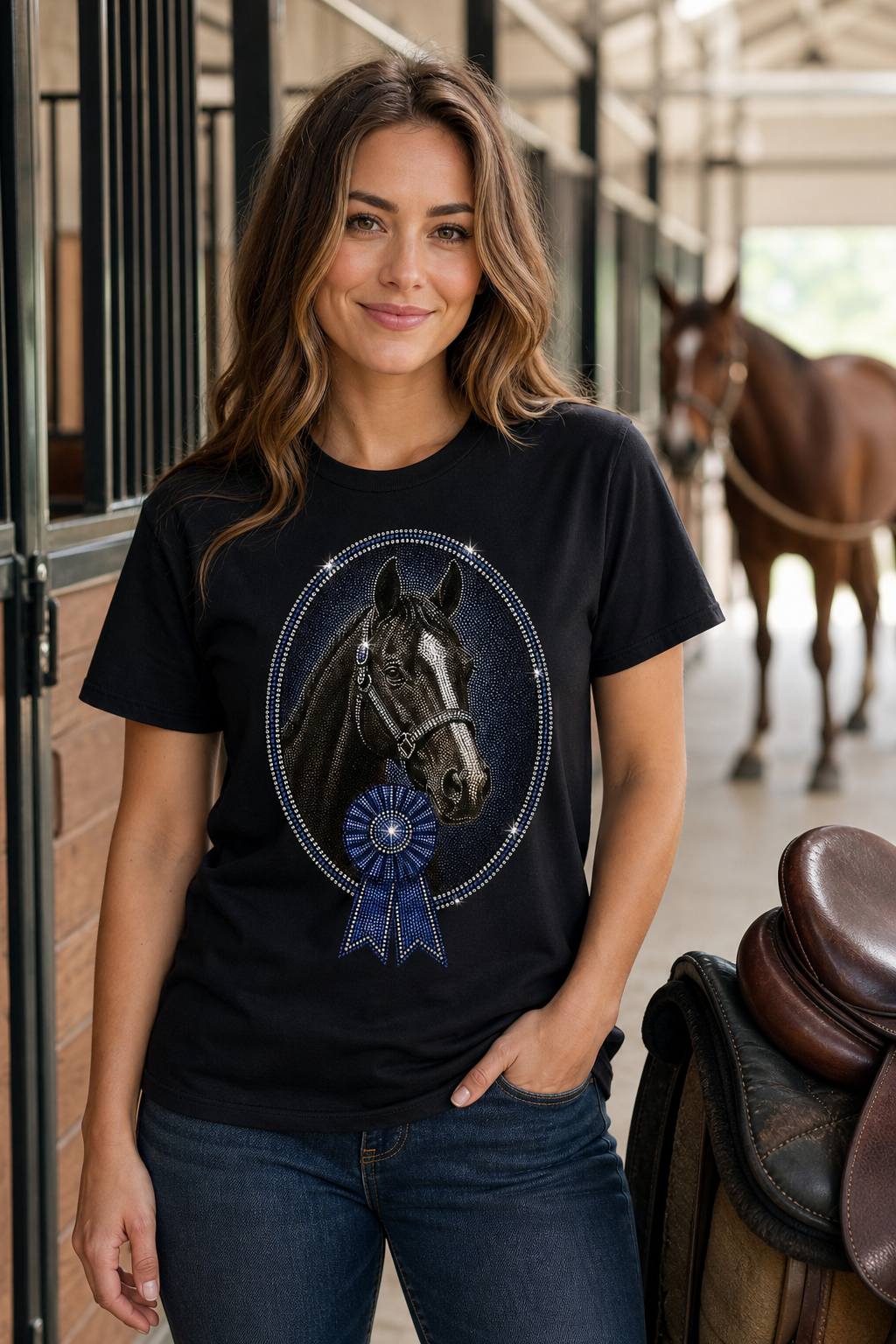 Custom horse show ribbon bling tee worn at a horse stable with matching horse portrait design