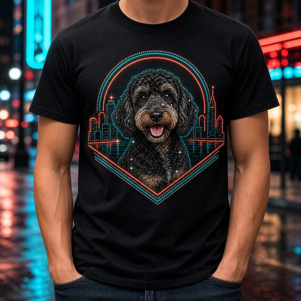 Lifestyle view of custom neon city pet portrait bling unisex tee