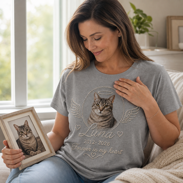 Woman wearing custom pet memorial photo tee while holding framed cat photo