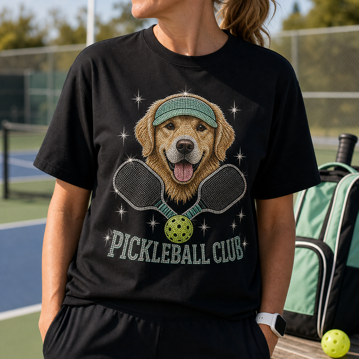 Pickleball player wearing custom Pickleball Club Pet photo tee on court